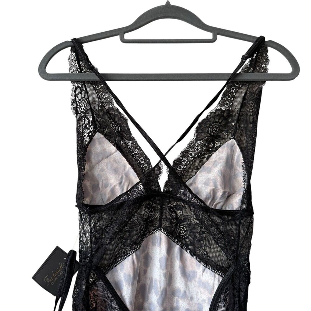 Fredericks Hollywood Lace Satin Gown S Leopard Slit Nightgown Set Boudoir NWT - Picture 12 of 16